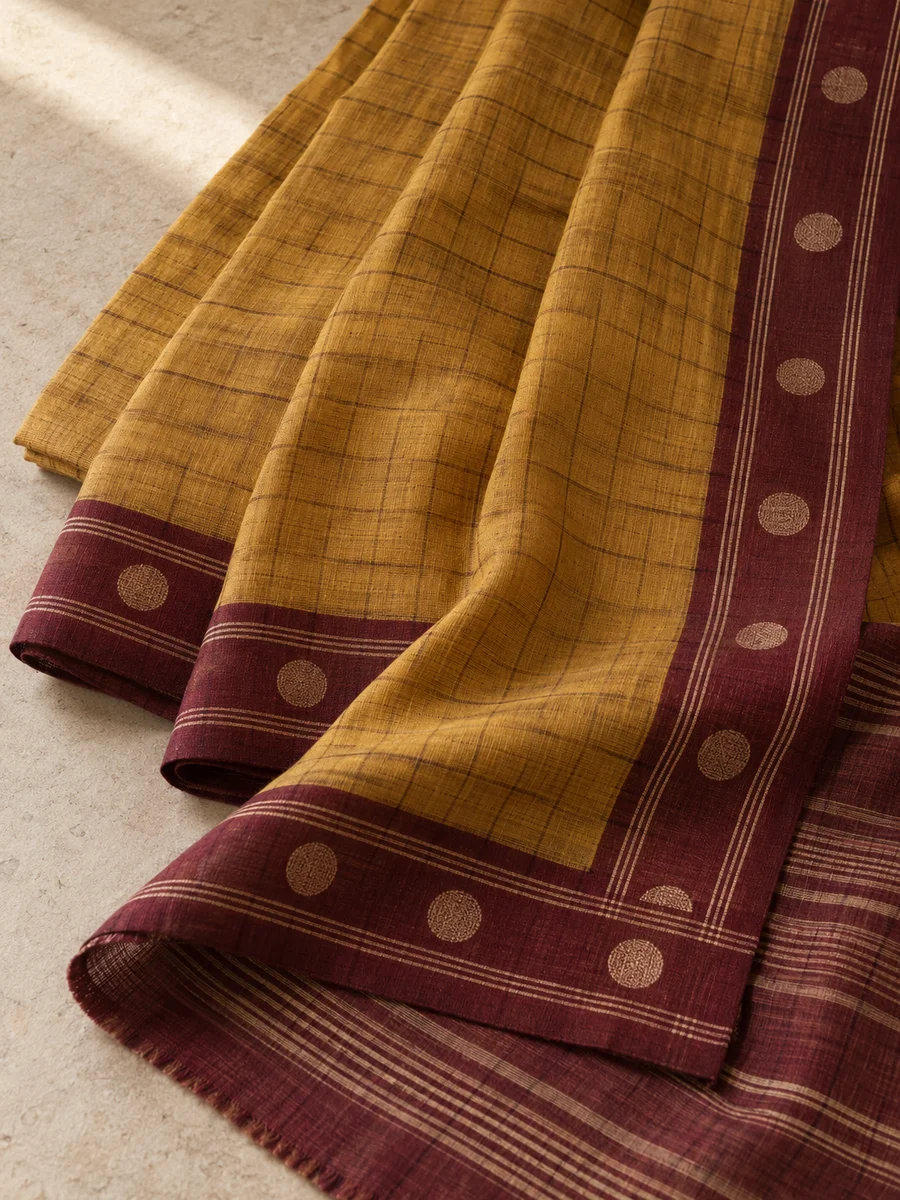 Mustard kattam, maroon kasu border, Chettinad cotton from Karaikudi